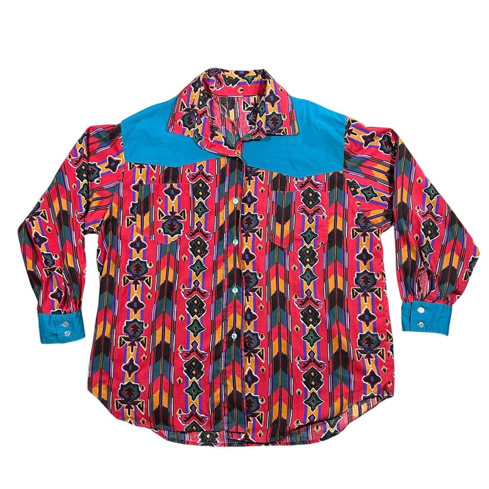 Vintage Western Shirt Womens 2X Southwestern Aztec Style Light Weight Button Up